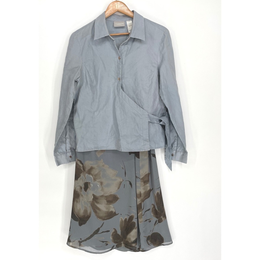 Liz Claiborne Womens 2 Piece Skirt Set 12 Wrap Blouse Blue Floral Print Lined